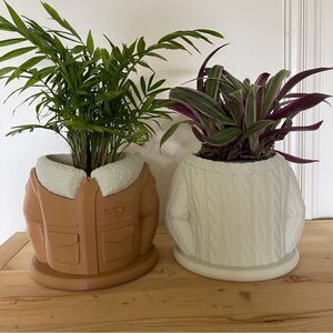 Cozy Duo: Cable Sweater & Aviator Jacket Planter Set - Perfect Grandma & Grandpa
